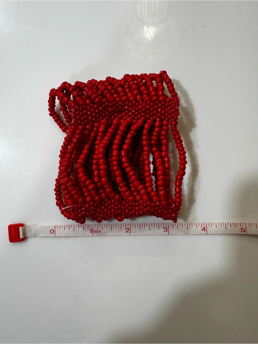 Red Multi-Strand Seed Bead Stretch Cuff Bracelet Wide Statement